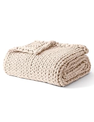 YnM Cooling Weighted Blanket, 100% Cotton Handmade Chunky Knitted Blanket, Weighted Lap, Breathable Heavy Blankets, Machine Washable Throw for Sleep or Home Decor (Cream, 40x50 Inch, 7lbs)