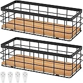 Small Metal Wire Storage Basket, 2 Pack Hanging Basket for Organizing, Decorative Wood Base Organizer Bins for Kitchen Cabine