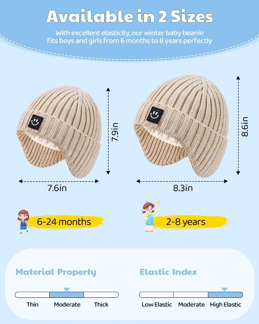 3 Pack Baby Beanie Hats with Earflaps, 2 Size Baby Winter Hat for Infant Toddler Kids, Fleece Lined Knit Hat for Girls Boys