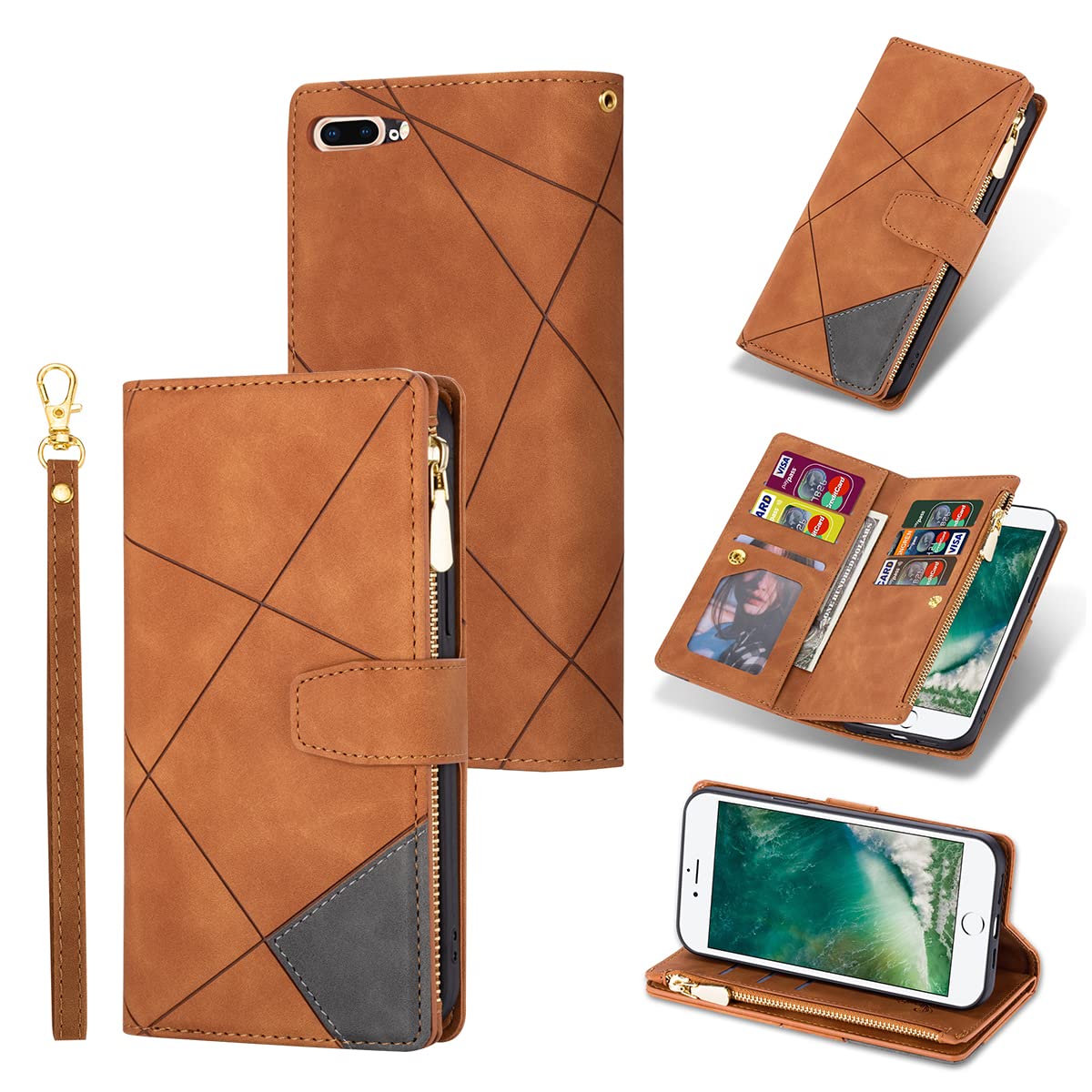 UEEBAI Wallet Case for iPhone 7 Plus iPhone 8 Plus, Vintage Premium PU Leather Cover Flip Case with Card Slots Magnetic Closure Zipper Pocket Kickstand Handbag with Hand Strap - Splice Brown