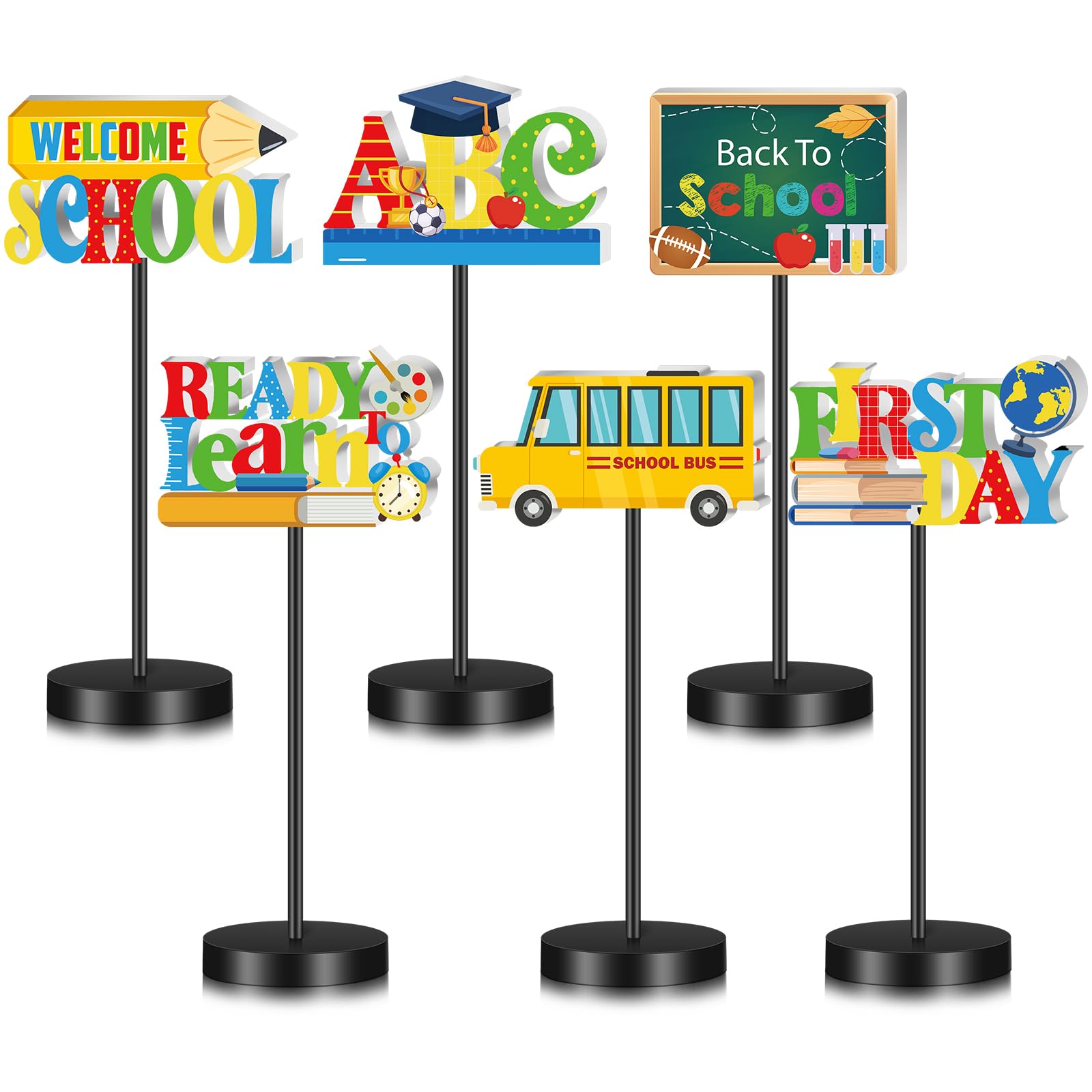 Photo 1 of Yuntau 6 Pcs Back to School Table Decorations Wooden Bus Books Bag Apples Signs Tired Tray Decor First Day of School Table Centerpiece Tabletop Decorative Signs for Classroom Desk Office Party Decor