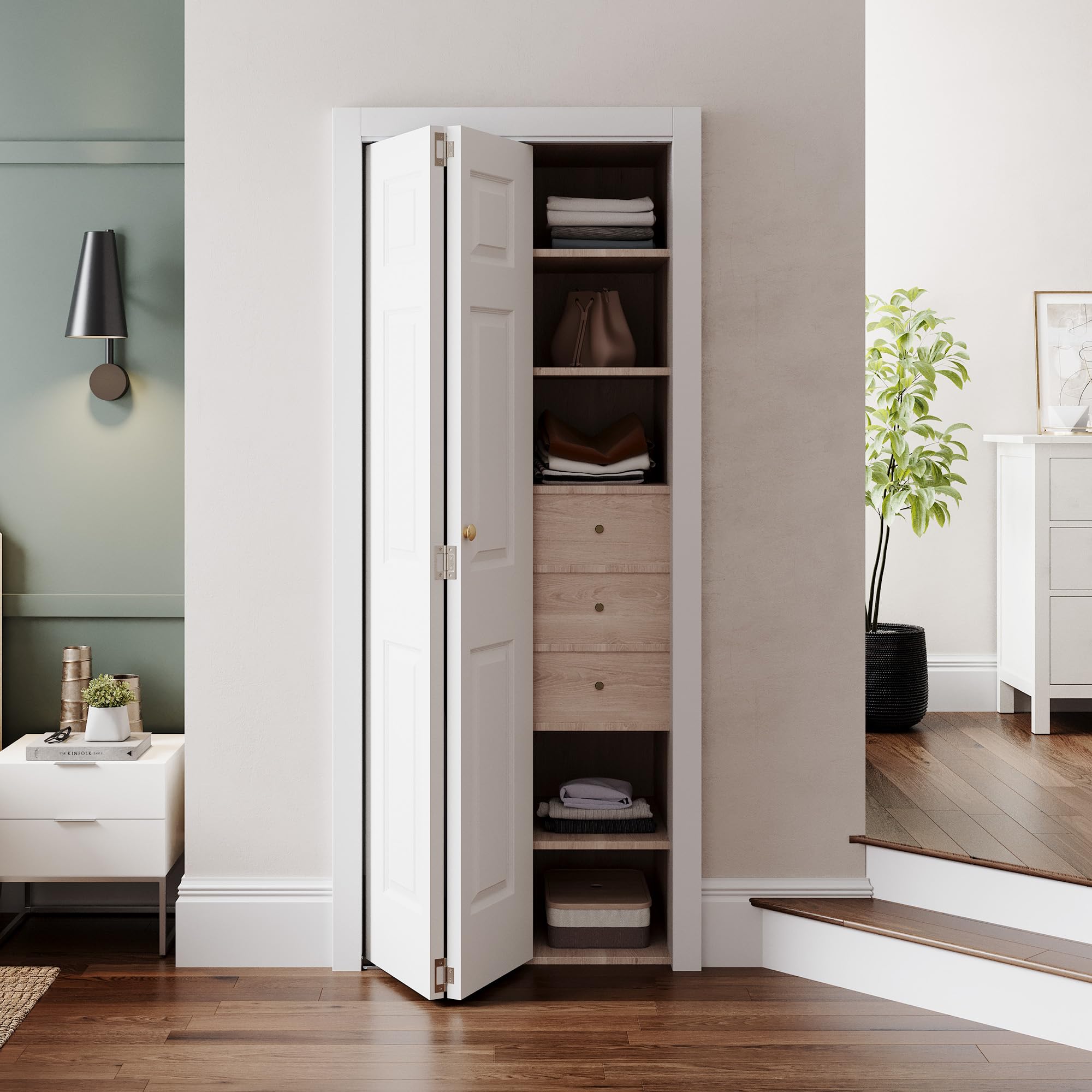 Photo 1 of SMARTSTANDARD 28" x 80" Paintable Bifold Door, 3-Panels Closet Doors with Hardward Kits, White Primed Surface Ready for Painting, 27 2/5" x 78 2/5", Elegant Molded Design, Easy Installation