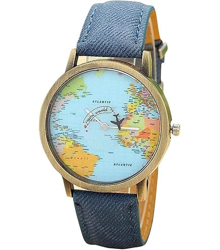 Montre Bracelet Vintage KICKERS Cuir Marron Avec Cadran Carte Du Monde - Mouvement Quartz, étanche 30m, Années 90 - Style Safari Unisexe