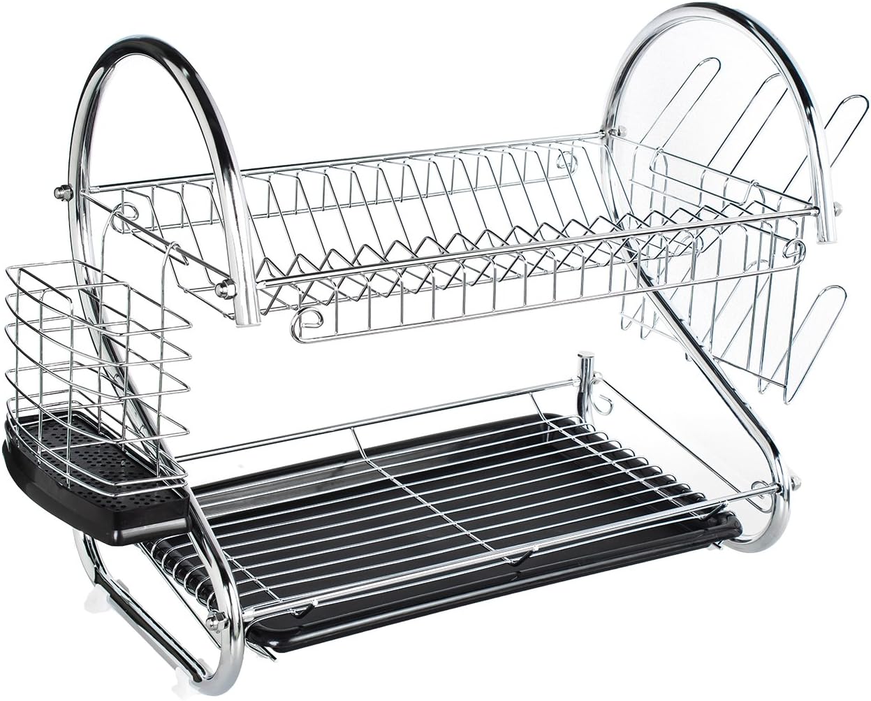 UTOKIA Kitchen Stainless Steel 2-Tier Dish Rack with Drainboard,Utensil, Knife, 3 Cup Holder, Cutting Board Attachment, Large, Silver