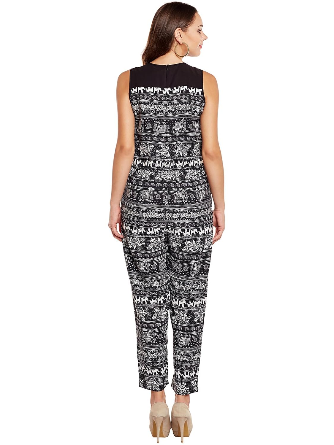 eyelet black printed poly crepe women's jumpsuit