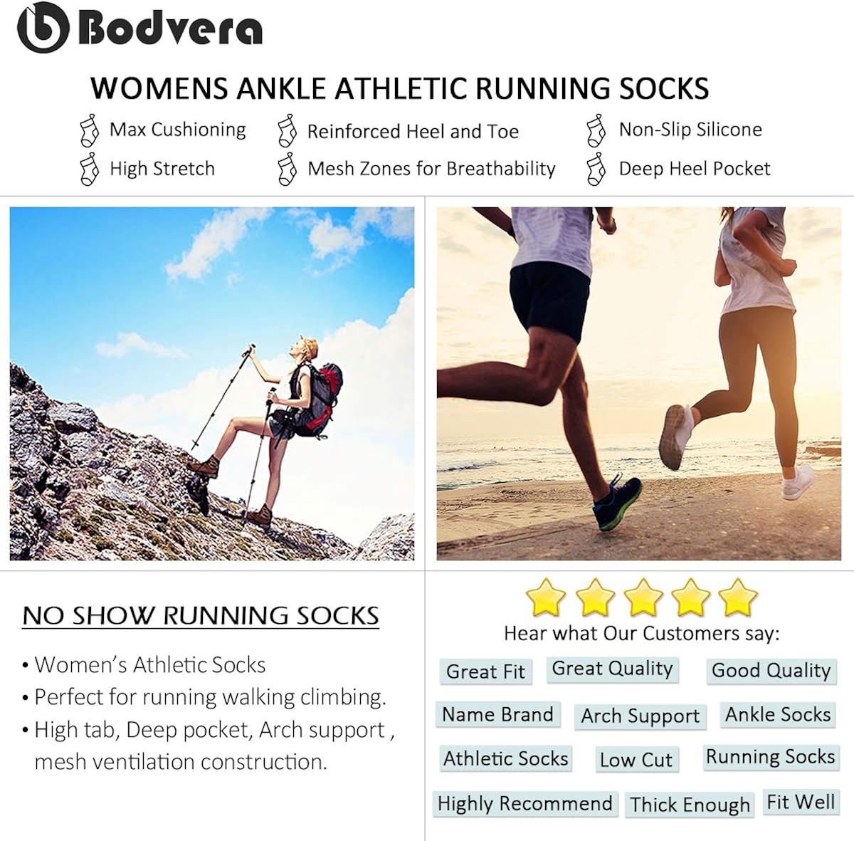 Bodvera Women's 6 Pack Performance Ankle Athletic Running Socks Cushioned Breathable Low Cut Sports Tab Socks White at  Women’s Clothing store