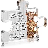 Inspirational Highland Cow Acrylic Sign Decor Gifts for Women, You Are Brave Kind Loved Enough Positive Gifts for Friends Coworker, Motivational Decorations Gifts for Home Farm Bathroom Bedroom