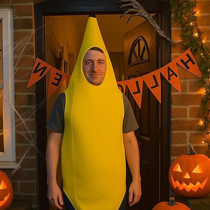 Costume de banane, costume de banane, costume de fruit, costume amusant de banane pour adulte, homme et femme, design monobloc pour carnaval, Halloween, fête et cosplay, idée cadeau parfaite