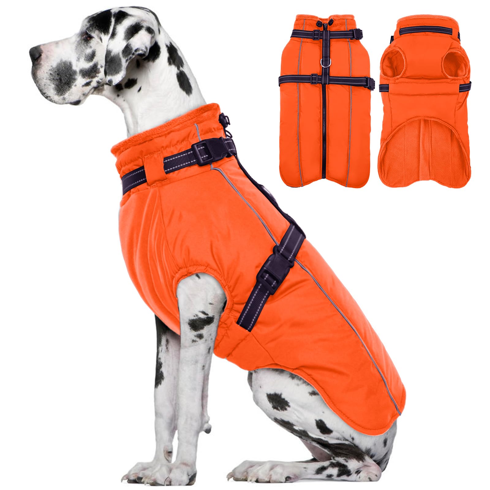 Lelepet Extra Large Dog Coat With Harness - Warm Waterproof Fleece Jacket, Winter Reflective Vest Snow Suit for Large Dogs, Weimaraner - Orange 3XL