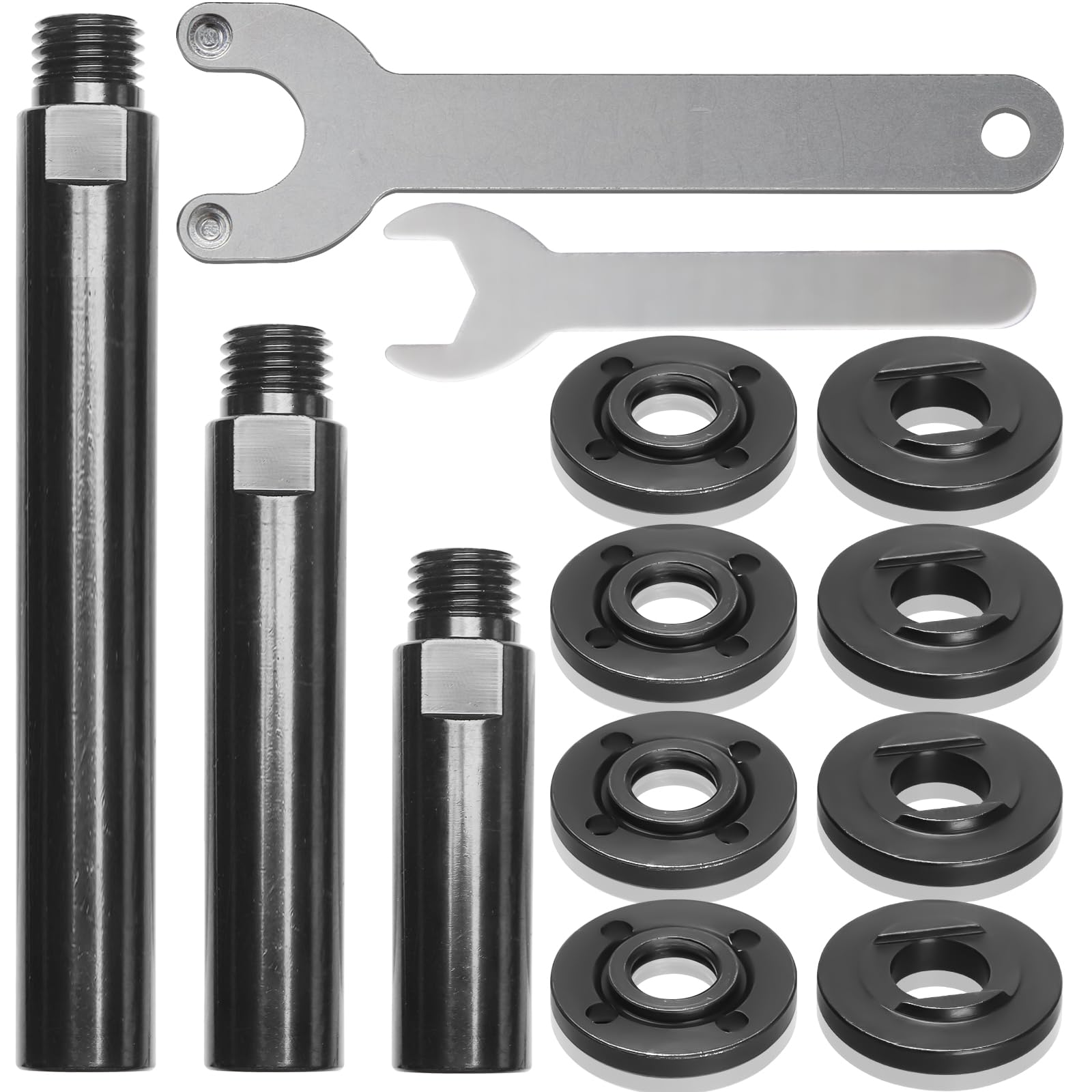 Photo 1 of Angle Grinder Attachments Kit with 3 Extension Rods (5.5"/4"/3"), 4 Sets Flange Nut Assemblies & 2 Spanner Wrench - 5/8"-11 Thread Compatible with DeWalt Milwaukee Makita Bosch Grinder Accessories