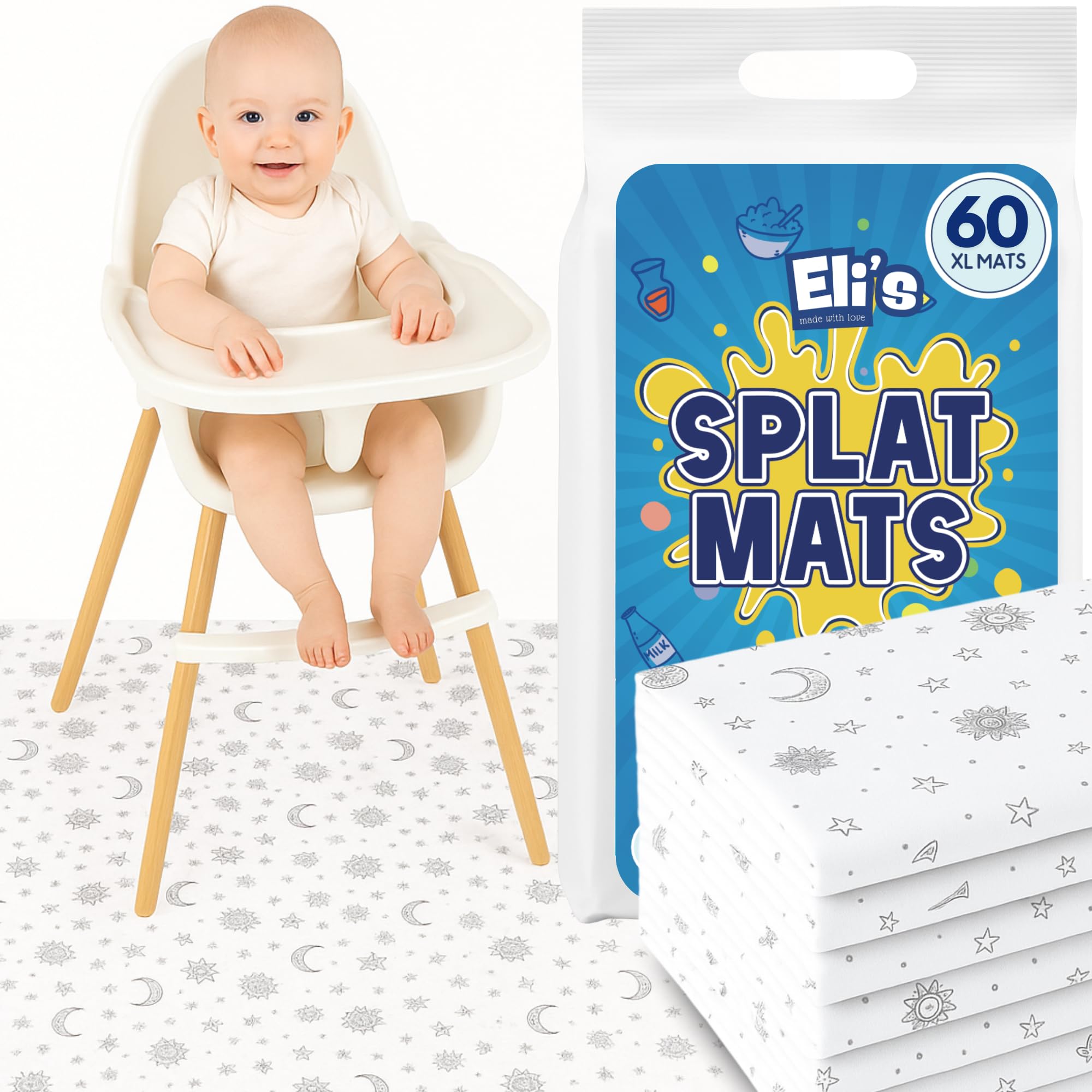 Photo 1 of 60 Pack Disposable Splat Mats by Eli with Love - Extra Large 49"x49" 100% Waterproof Baby Splat Mat for Under High Chair - Plastic Mat Liner for Floor - Protect from Spills (Moon & Stars, 60 Pack)