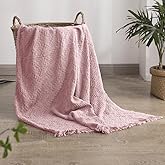 Simple&Opulence 100% Cotton Throw Blanket for Bed, Couch, Boho Luxury Geometric Knit Woven Blanket with Tassels Soft Lightweight Cozy Breathable, Vintage Farmhouse Decoration for All-Season(Pink)