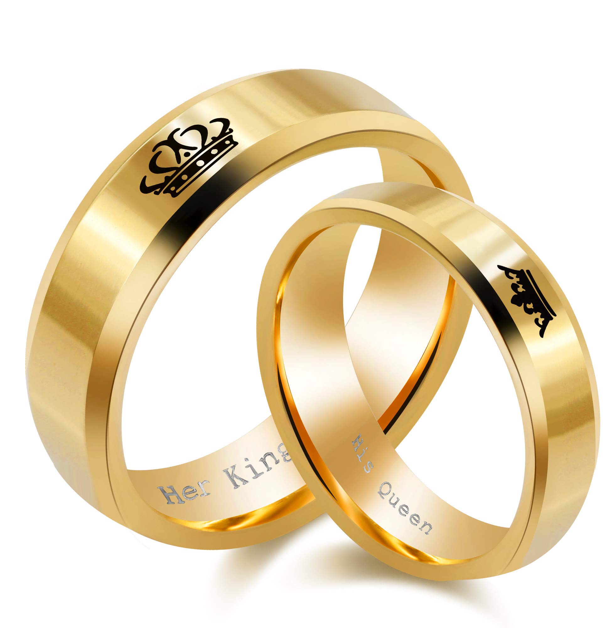 Uloveido 2pcs su reina y su pareja de rey dorado anillos de acero inoxidable anillos de promesa de acero a juego Banda de compromiso de boda Valentine's Day Regalos para parejas SN140