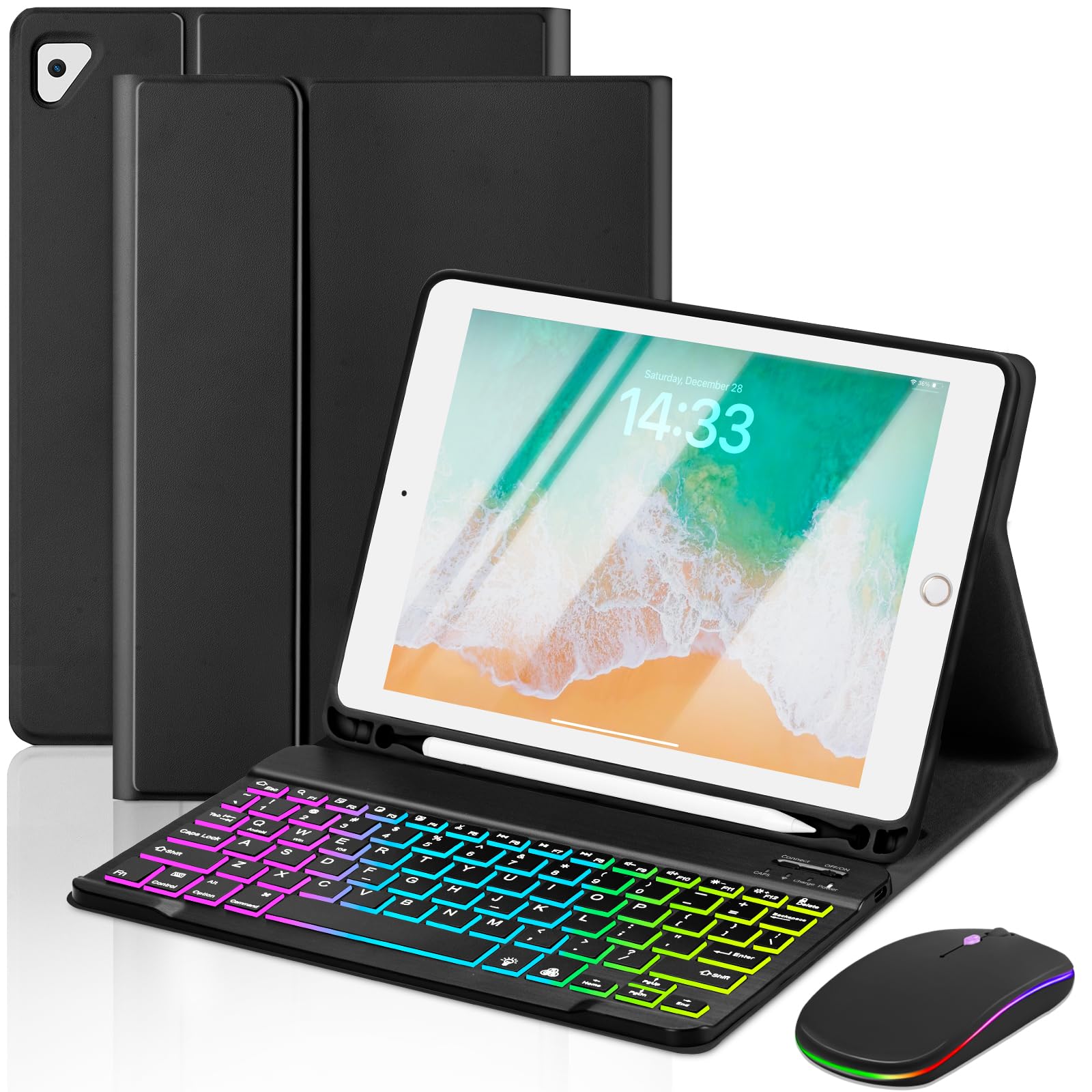 Photo 1 of EAMPANG Case with Keyboard and Mouse for iPad 6th/5th Generation Air 1 2 Pro 9.7inch,7 Color Rainbow Backlight Detachable USB-C Keyboard Magnetic Case with Pen Slot for iPad 2018 2017 Black+Mouse