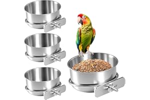 Zynaxir 4 Pcs Bird Feeding Dish Cups Detachable Stainless Steel Bird Food Bowls with Clamp Pet Cage Seed Feeder Water Bowl 10