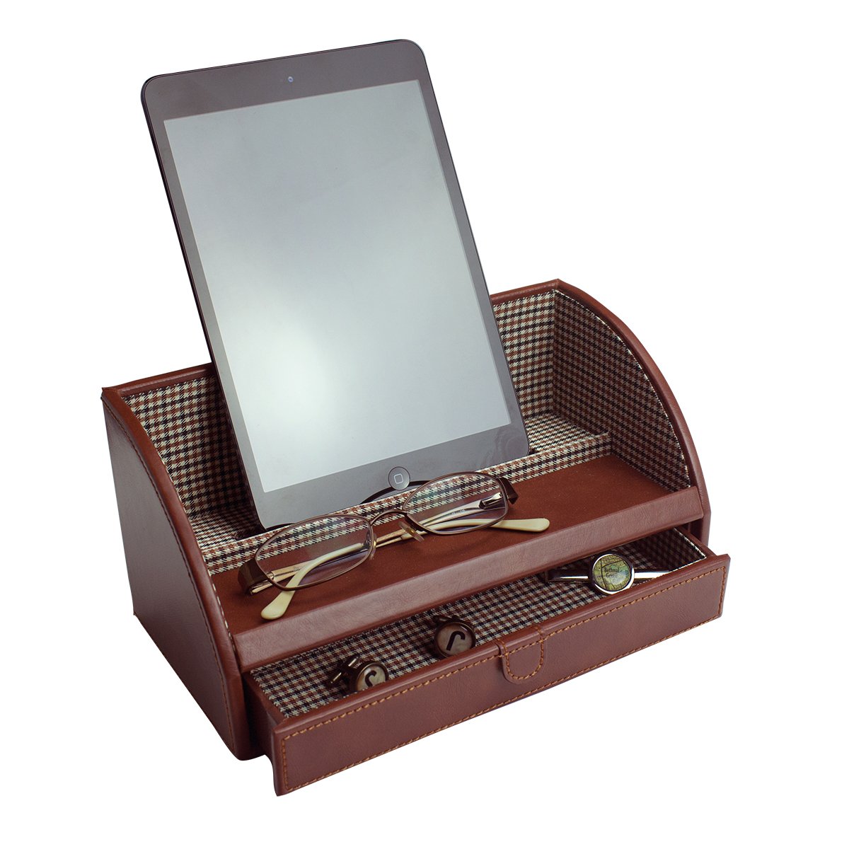 Jacob Jones Tan Charging Valet with Brown Checker Cotton Lining