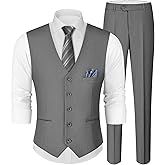 MAGE MALE Men's Linen 2 Piece Suit Slim Fit Wedding Groomsmen Summer Vest Pants Set with Pocket Square