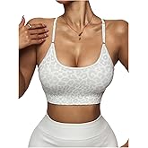 OYOANGLE Women's Leopard Print Strappy Sports Bra Criss Cross Backless Light Support Gym Yoga Padded Cami Bras