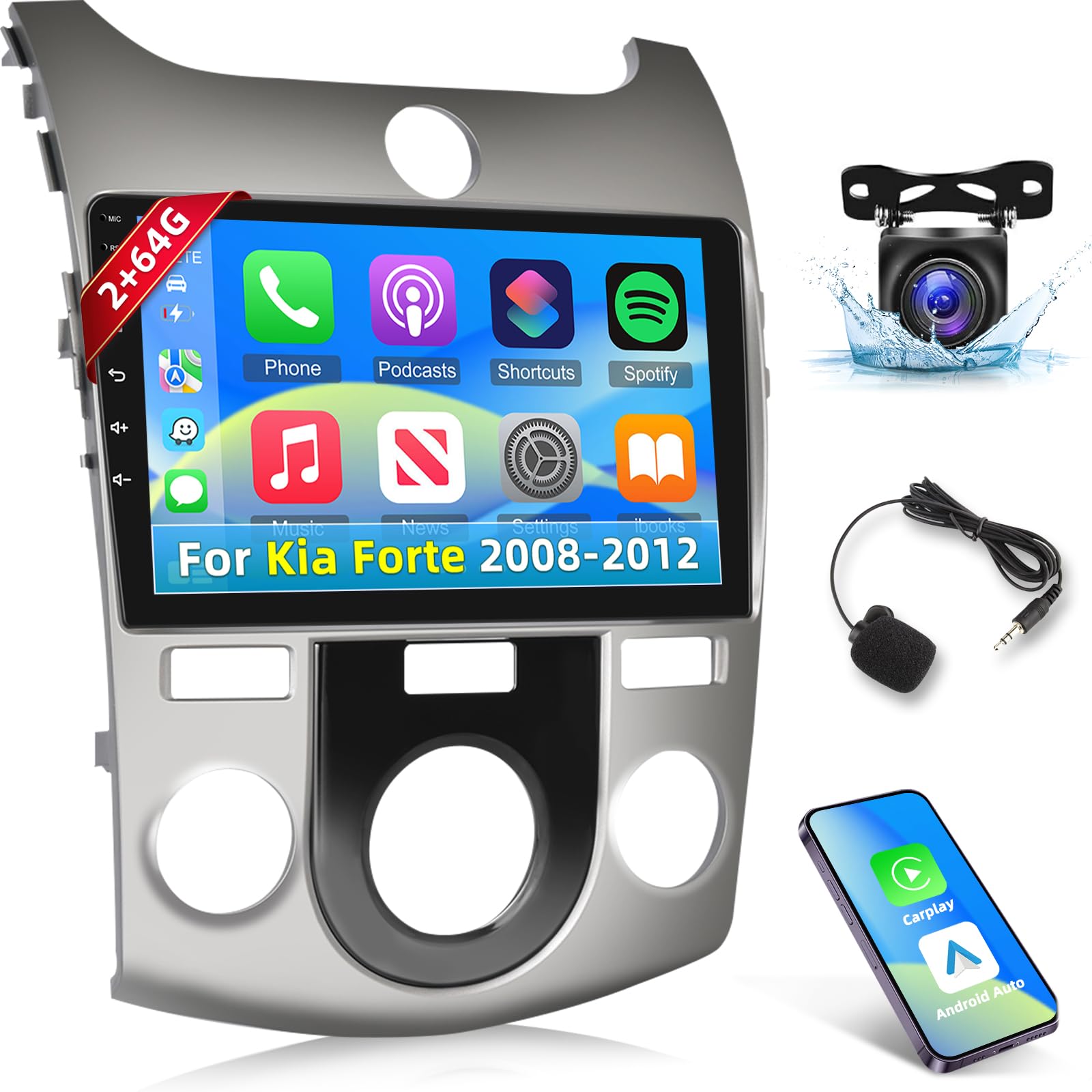 Photo 1 of [2+64G] Android 13 Car Radio for Kia Forte 2008-2012 (Manual A/C) - Wireless Carplay and Android Auto - 9 Inch Touchscreen Radio with EQ/WiFi/GPS + AHD Rear View Camera