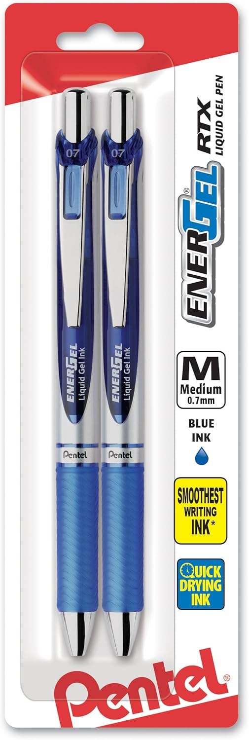 Pentel EnerGel Deluxe RTX Retractable Liquid Gel Pen, 0.7mm, Metal Tip, Blue Ink, 2 Pack (BL77BP2C)