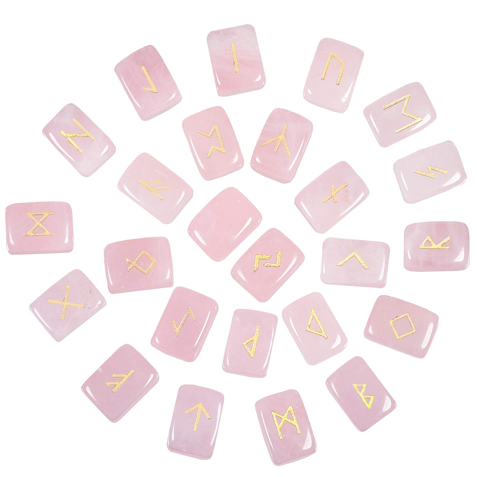 Nupuyai Natural Rose Quartz Rune Stones Set Polished Witches Crystal with Engraved Elder Futhark Runic Alphabet for Meditation Divination Healing