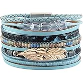 GelConnie Womens Leather Cuff Bracelet Feather Multi Strand Bracelet Wrap Bracelet Turquoise Boho Bangle Braided Leather Wristbands Bohemian Jewelry Gifts for Women Wife Sister