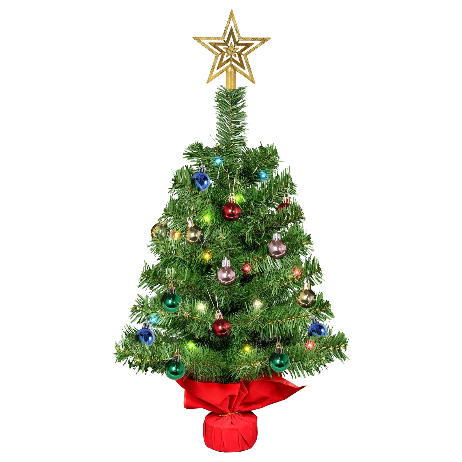 Uten 2ft/60cm Small Christmas Tree, Realistic Tabletop Mini Christmas Tree with LED String Lights and 20 pcs Christmas Balls for Office Living Room Kitchen Windowsill Desktop Xmas Decoration