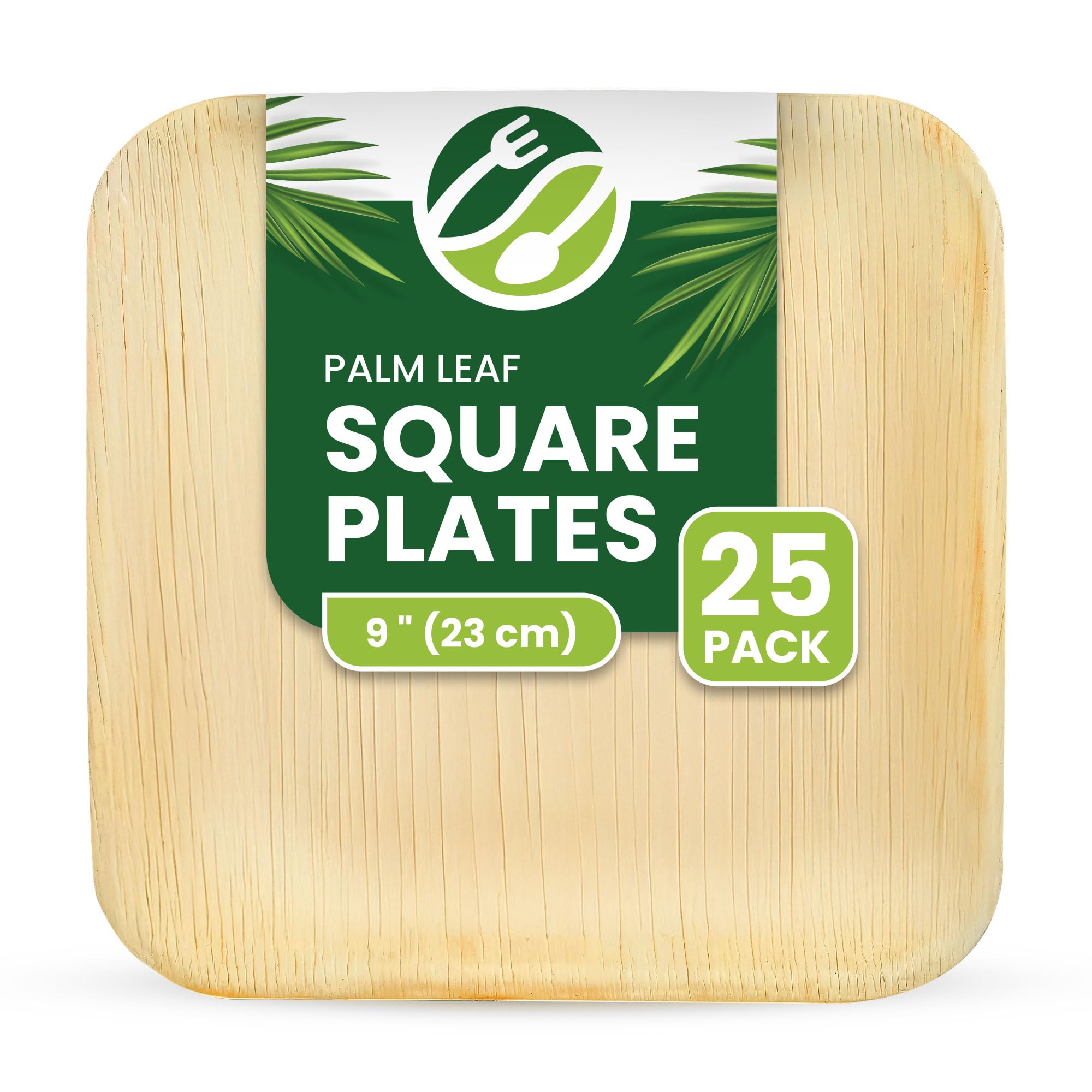 ECO Leaf 25 Pack Disposable Palm Leaf Plates – 9"(23cm) Large Square Compostable, Eco-Friendly, Biodegradable Heavy-Duty Bamboo Plates for Weddings, Parties and Picnics, Oven Safe