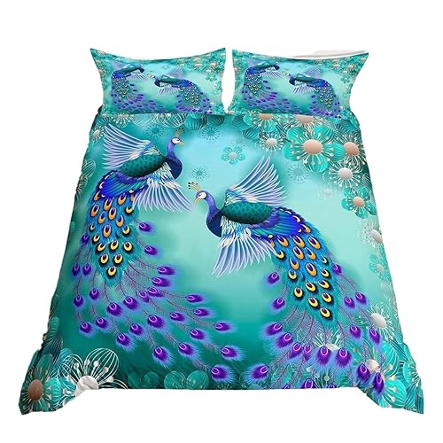 Peacock Comforter Cover Bohemian Duvet Cover Set Exotic Birds Animals Bedding Set Navy Blue Feather Teal Floral Fresh Natural Bedspread Cover With 2 Pillow Case Bedroom Decor King Size Pastel