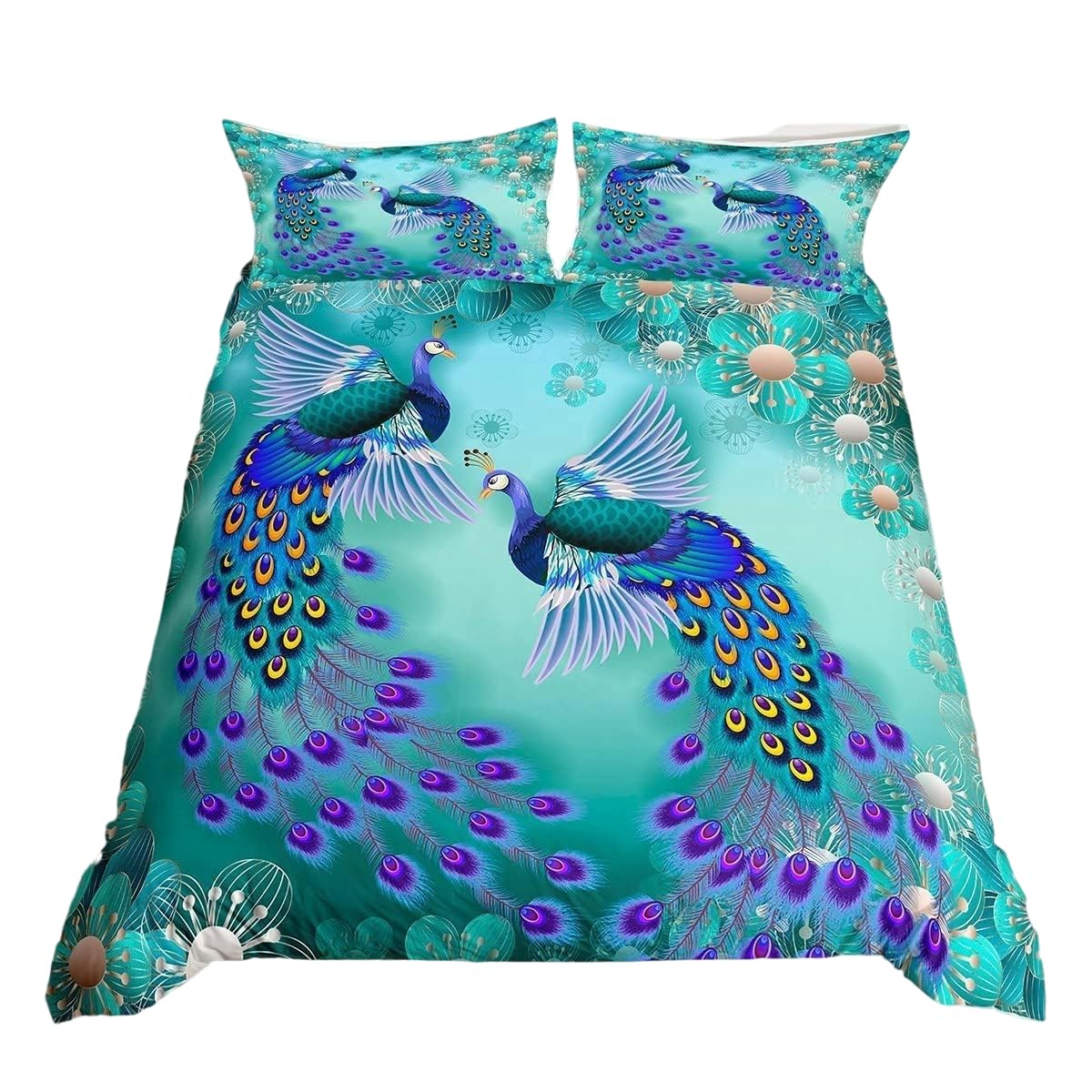 Peacock Comforter Cover Bohemian Duvet Cover Set Exotic Birds Animals Bedding Set Navy Blue Feather Teal Floral Fresh Natural Bedspread Cover With 2 Pillow Case Bedroom Decor Double Size Pastel