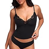 DOBREVA Women's Lace Camisole Tops Double Lined V Neck Cami Sleeveless Fitted Sexy Going Out Y2K Tank Top