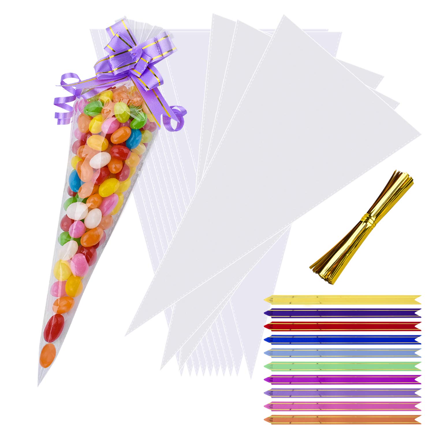 100PCS Clear Cone Bags AUERVO Sweets Cellophane Treat Bags 12" X 6.3" AUERVO Clear Resealable Cello Bags Party Gift Bags OPP Plastic Bag with 100PCS Mix Pull Bows for Candy, Soap, Cookie