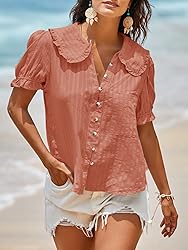 Tankaneo Womens Puff Sleeve Shirts Peter Pan Collar