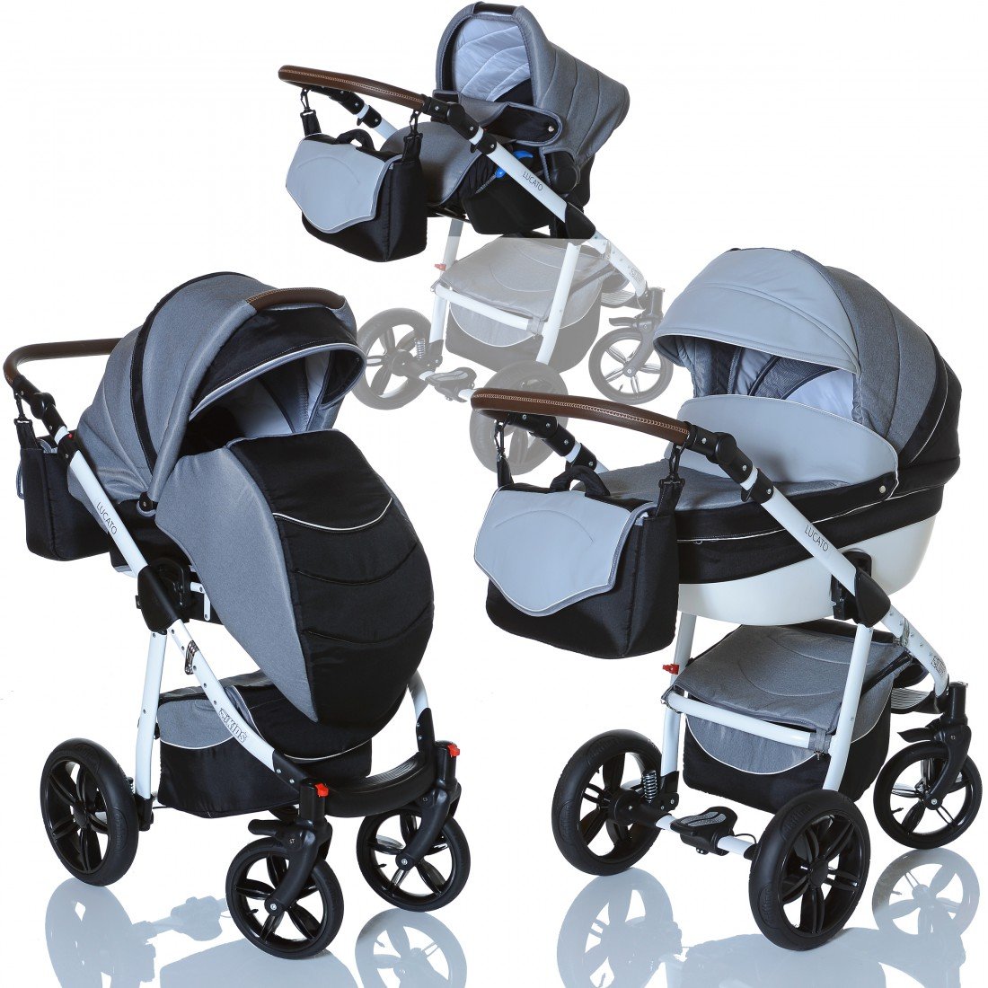 LCP Kids 3in1 Kombi Kinderwagen Lucato Luftreifen Komfort mit Pannenfrei Garantie, Farbe:Titan