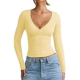 REORIA Womens 2026 Winter Fall Fashion Deep V Neck Long Sleeve Shirts Double Lined Casual Slim Fitted Going Out Tops