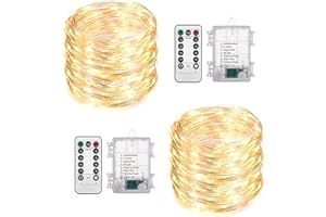 REVONE 2 Pack Total 200 LED Fairy Lights Battery Operated String Lights with Remote & 8 Modes, 33FT Waterproof Copper Wire Battery Powered Twinkle Lights for Outdoor Christmas Parties Decoration Warm White