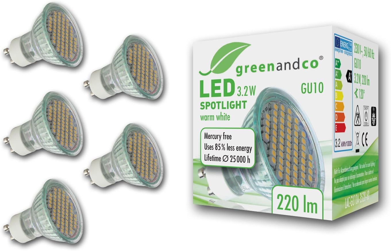 Greenandco 3 2 Watt Led Spot Light Replace 30 W 25 Gu10 Halogen Spotlight 220 Lumen Warm White 3000 K Spot Light 5x Lac Gu10 A 3528 60 Leds Warm White Amazon Co Uk Lighting