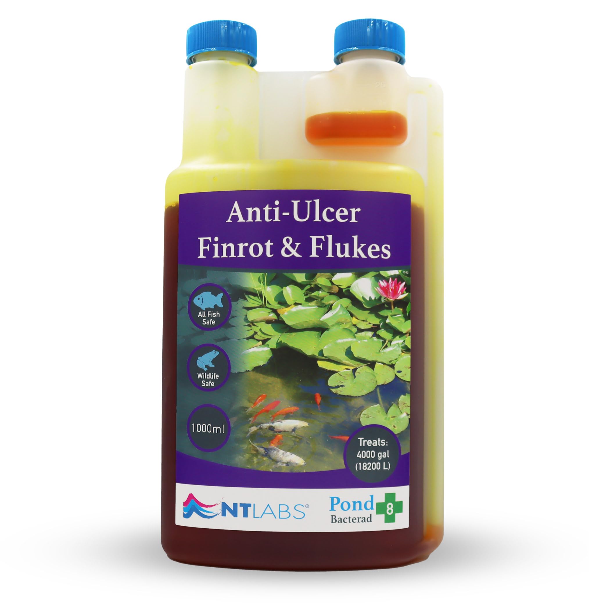 NT Labs Pond Bacterad, Pond Fish Medicine, Anti-Ulcer Fin-Rot & Flukes, Use When Fish Show Symptoms of Fin Rot, Mouth Rot, Red Blotches, Missing Scales or Clamped Fins (1 Litre)