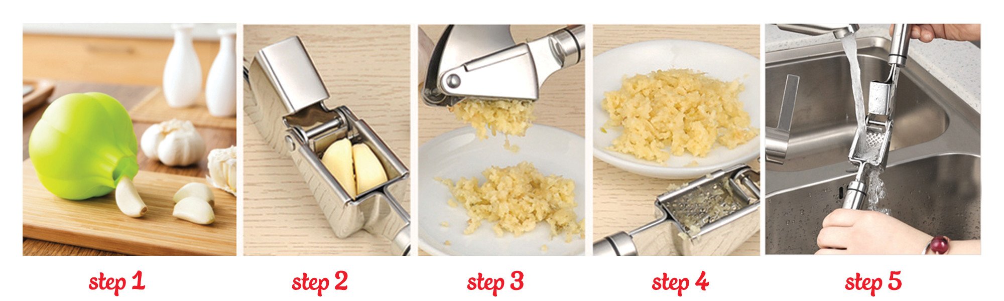 Garlic Press With Peeler and Brush Set,Hello X Me High-End Stainless Steel Garlic Press, Top Quality Garlic Mincer, Garlic Crusher, Garlic Masher and Silicone Roller, Soft-Handled Garlic Press