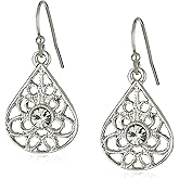 1928 Jewelry Vintage Inspired Teardrop Filigree Sparkling Round Crystal Earrings For Women, Fish Hook, Made In USA