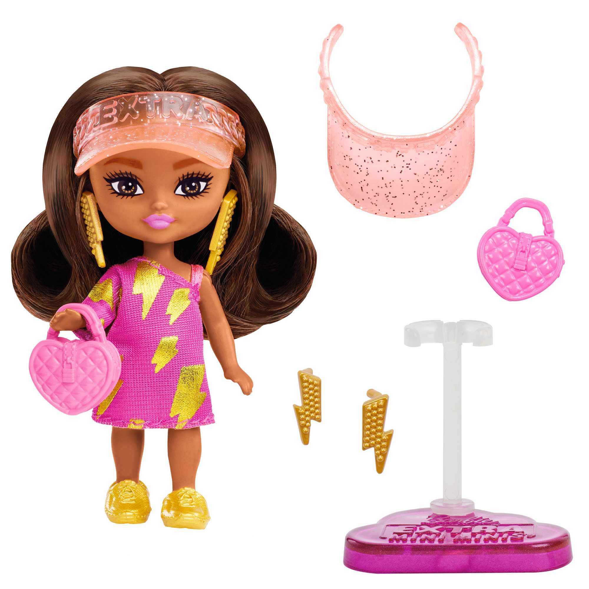 Barbie Doll, Barbie Extra Mini Minis Brunette Doll with Visor and Lightning Bolt Dress, Kids Toys, Clothes and Accessories, HPH20