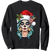 Christmas Sugar Skull Art Woman Santa Hat Festive For Girls Sweatshirt