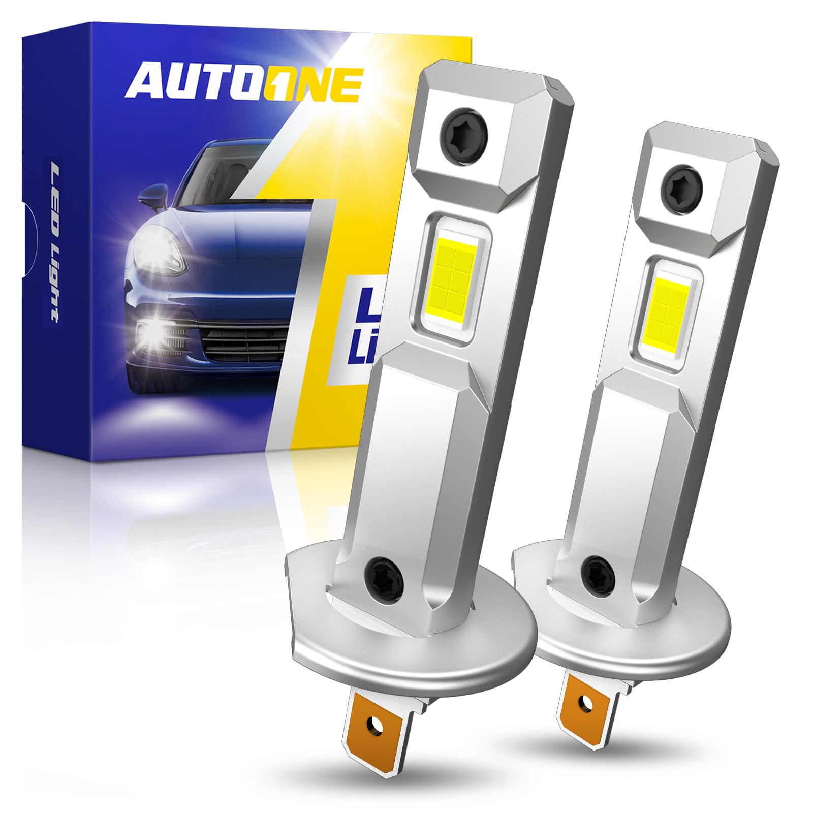 AUTOONE H1 LED Bulbs, 40000LM 800% Ultra Bright, 6500K Cool White 1:1 Mini Halogen Size Accessory Fog Light, 60000HRS+ Lifespan, Non-polarity Plug and Play, Pack of 2 Image