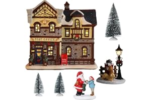 VCUTEKA Christmas Village House Lighted Indoor Decorations Post Office House with LED Light Tree Christmas Village Collectible Buildings Figurines Ceramic House Light up Figurine for Holiday Xmas Decor