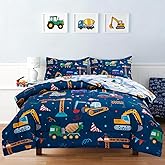 Holawakaka Trucks Tractors Cars Boy Bedding Comforter Set with Sheets, Twin Size Cartoon Construction Car Excavator Print Kids Bed in A Bag 5-Piece, Boys Reversible Dorm Bed Sets (Navy Blue Twin)