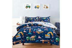 Holawakaka Trucks Tractors Cars Boy Bedding Comforter Set with Sheets, Full Size Cartoon Construction Car Excavator Print Kids Bed in A Bag 5-Piece, Boys Reversible Dorm Bed Sets (Navy Blue Full)