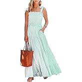 R.Vivimos Women's Summer Cotton Adjustable Straps Boho Stripe Casual Flowy A Line Midi Dress with Pockets