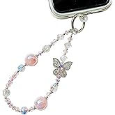 Crystal Butterfly Phone Charm, Pink Pearl Beaded Lanyard, Bling Shiny Wrist Strap Keychain for Purse Bags Car keys Earphones