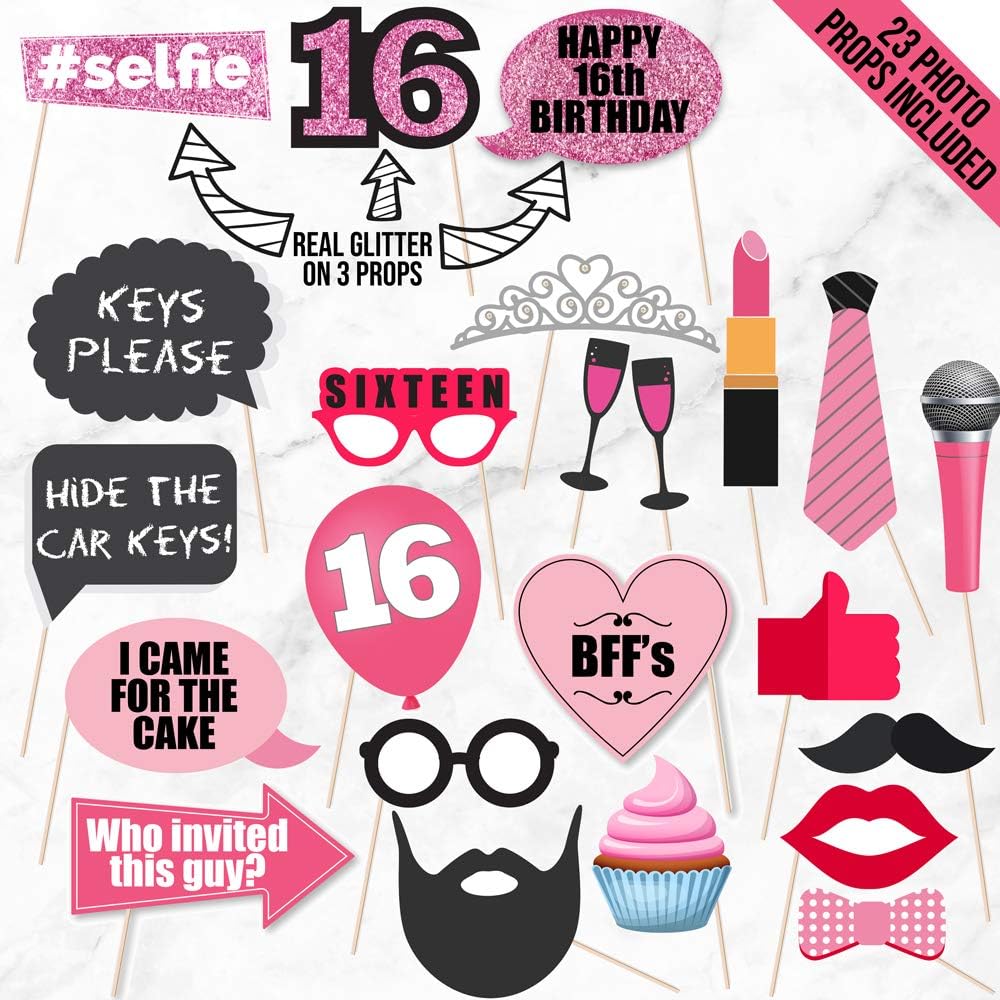 Sweet 16 Birthday Decorations WITH Photo Booth Backdrop and Props – Rose Gold Sweet 16 Decorations – Sweet 16th Birthday Party Supplies WITH Happy Birthday Banner, 16, Confetti and Mylar Balloons Sweet Sixteen: Toys & Games