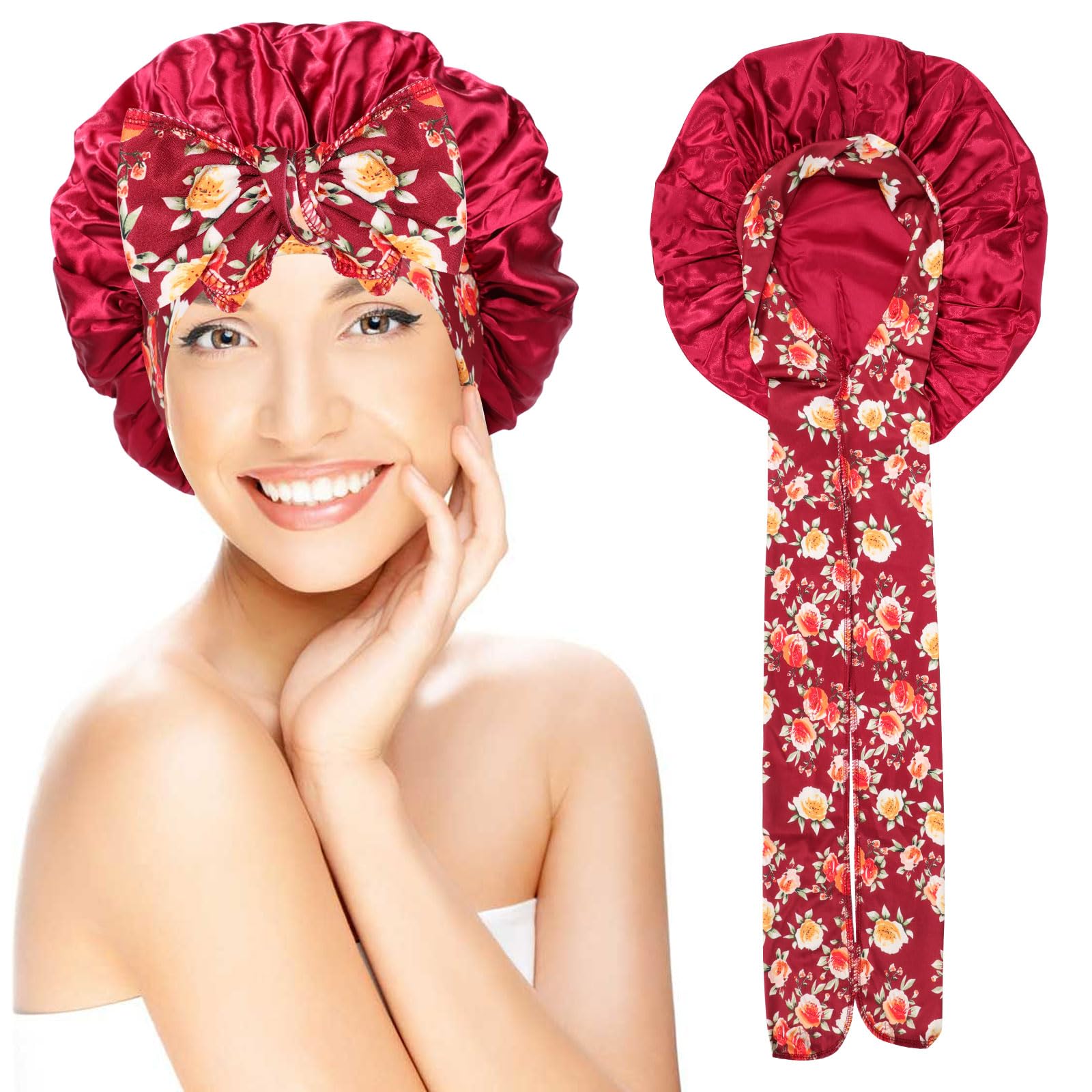 Silk Bonnet for Sleeping Satin Bonnet Hair Bonnet Hair Wrap for Bath, Shower Cap Tie Band for Women Girls Long Curly Hair Sleeping (Red)